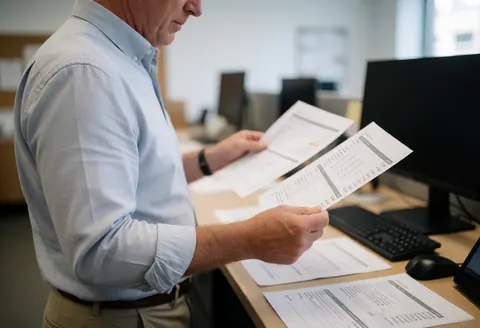 Un homme d'affaires vérifie des rapports financiers sur son bureau avec un ordinateur et des papiers imprimés.