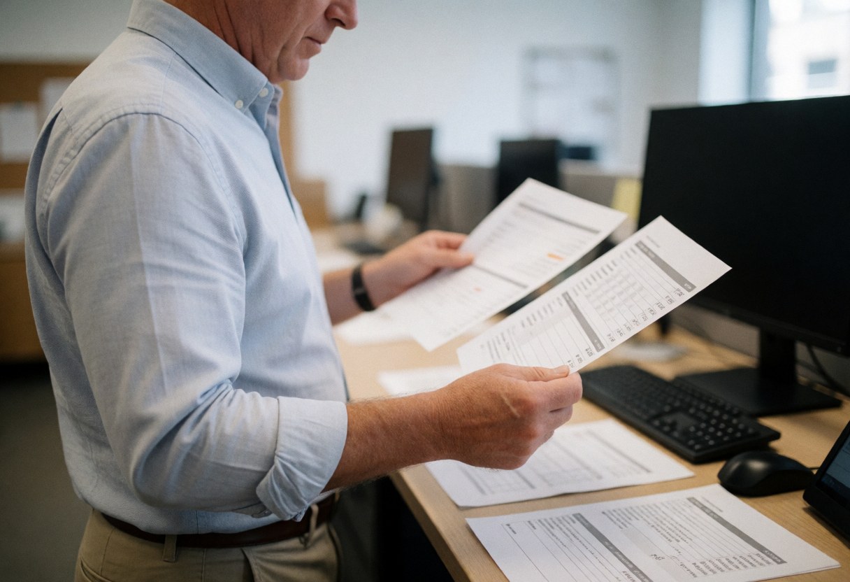 Un homme d'affaires vérifie des rapports financiers sur son bureau avec un ordinateur et des papiers imprimés.