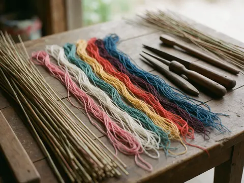Des fils aux couleurs vives et des outils en bois disposés sur une table de travail rustique, prêts pour la création artisanale textile.