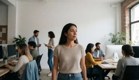 Une femme se déplace dans un espace de travail ouvert où d'autres employés sont concentrés sur leurs ordinateurs, créant une atmosphère professionnelle et accueillante.