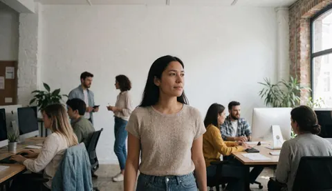 Une femme se déplace dans un espace de travail ouvert où d'autres employés sont concentrés sur leurs ordinateurs, créant une atmosphère professionnelle et accueillante.
