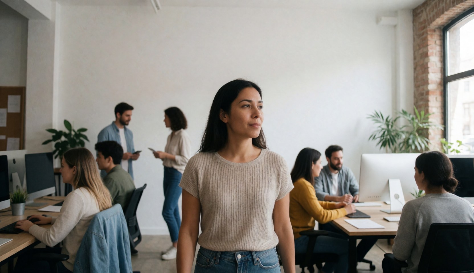 Une femme se déplace dans un espace de travail ouvert où d'autres employés sont concentrés sur leurs ordinateurs, créant une atmosphère professionnelle et accueillante.