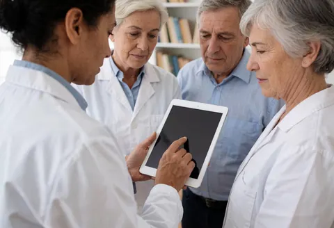Équipe de professionnels de santé analysant des données sur une tablette dans un bureau avec des livres en arrière-plan.