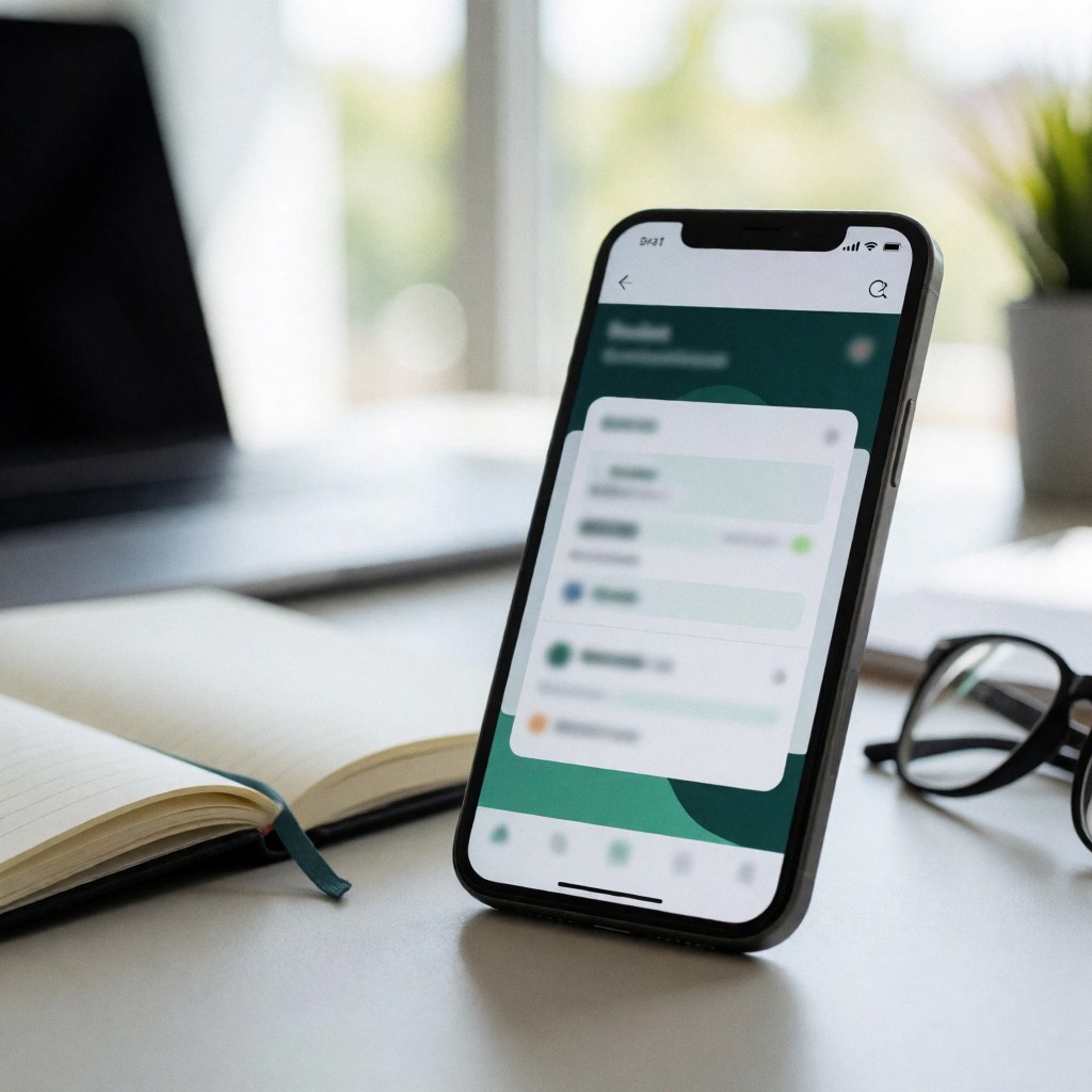 Un smartphone montre l'interface d'une application, posé à côté d'un cahet et de lunettes sur un bureau moderne.