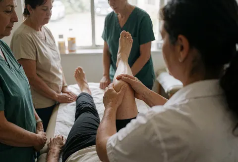 Fisiothérapeute réalisant un étirement sur la jambe d'un client en consultation clinique, avec d'autres thérapeutes observant, dans un environnement naturel et professionnel.