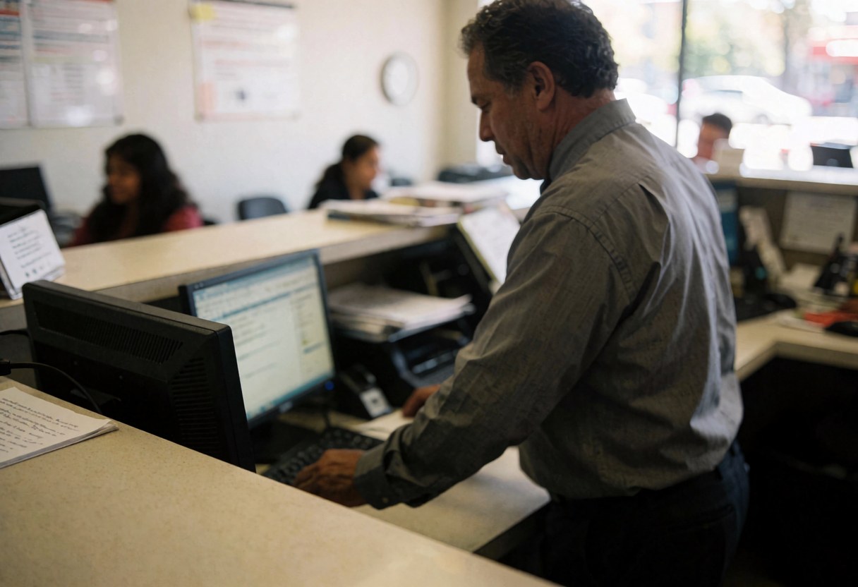 Un homme en costume professionnel utilise un ordinateur pour assister un client dans un environnement de bureau avec d'autres collègues en arrière-plan.