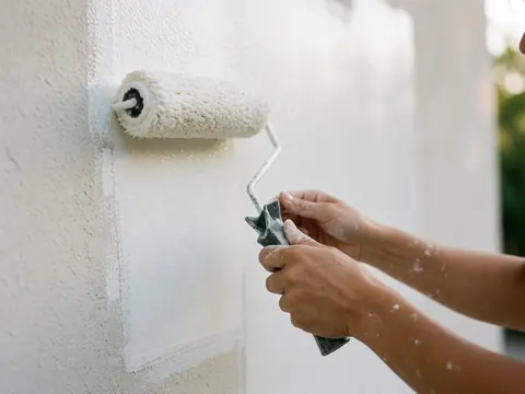 Gros plan sur des mains tenant un rouleau à peinture appliquant du revêtement blanc sur une surface texturée, mettant en valeur l'outil et la finition.