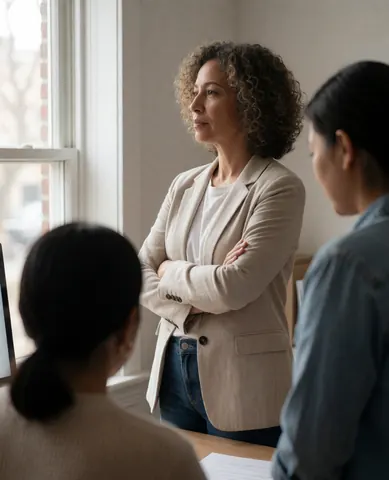 Femme en blazer et jean, debout bras croisés, dans un bureau lumineux, près de collègues travaillant sur ordinateurs.