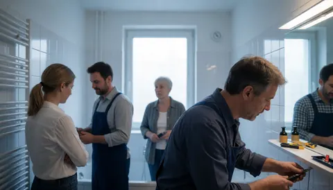 Un plombier adulte effectue des travaux sur un robinet dans une salle de bain moderne avec une bonne lumière naturelle et un espace pour du texte en haut.