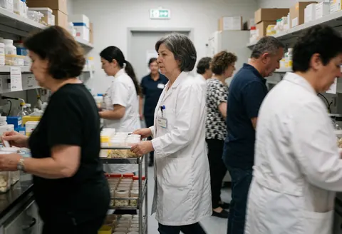 Une technicienne se déplace avec un chariot à échantillons au sein d'un laboratoire clinique où d'autres professionnels effectuent des tâches.