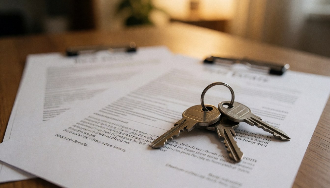 Des clés métalliques posées sur des papiers de documents immobiliers, sur une surface en bois, servant de fond pour des annonces.