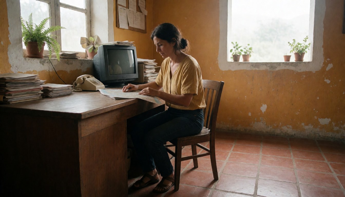 Une femme travaille dans un bureau d'agence de voyages, consultent une carte sur un écran d'ordinateur avec un téléphone portable et des plantes à proximité, dans un espace aux murs ocre et au sol en carreaux de terre