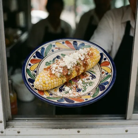Épi de maïs mexicain garni de fromage cotija et de piment, servi dans une assiette en céramique colorée sur un food truck avec un fond flou.