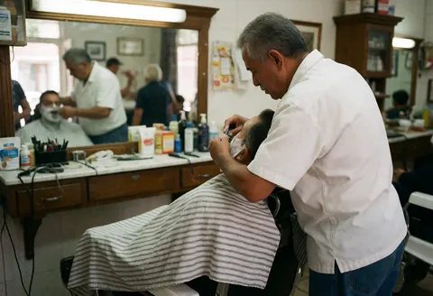 Un barbier effectue une coupe chez son client installé sur un fauteuil classique dans son atelier, offrant une expérience de service authentique et traditionnelle.