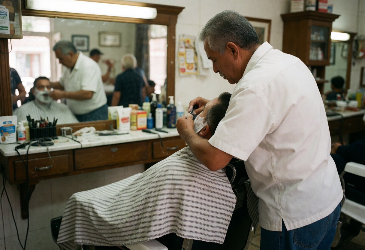 Un barbier effectue une coupe chez son client installé sur un fauteuil classique dans son atelier, offrant une expérience de service authentique et traditionnelle.