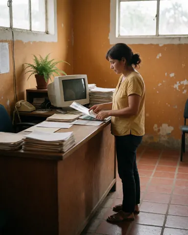 Une femme professionnelle travaille derrière un bureau équipé d'un ordinateur, de documents et d'une plante verte dans un espace aux murs patinés.