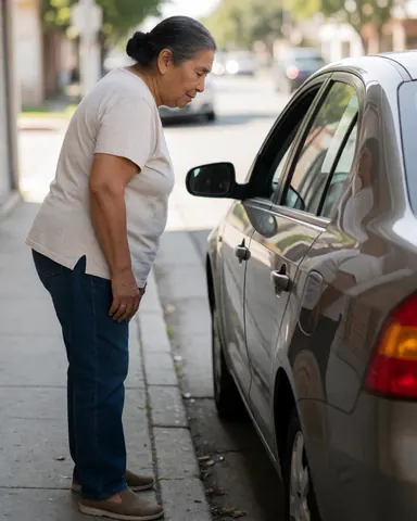 Une femme regarde avec satisfaction son véhicule stationné dans la rue, son reflet visible sur la vitre par temps ensoleillé.