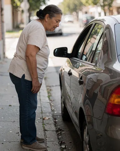 Une femme regarde avec satisfaction son véhicule stationné dans la rue, son reflet visible sur la vitre par temps ensoleillé.