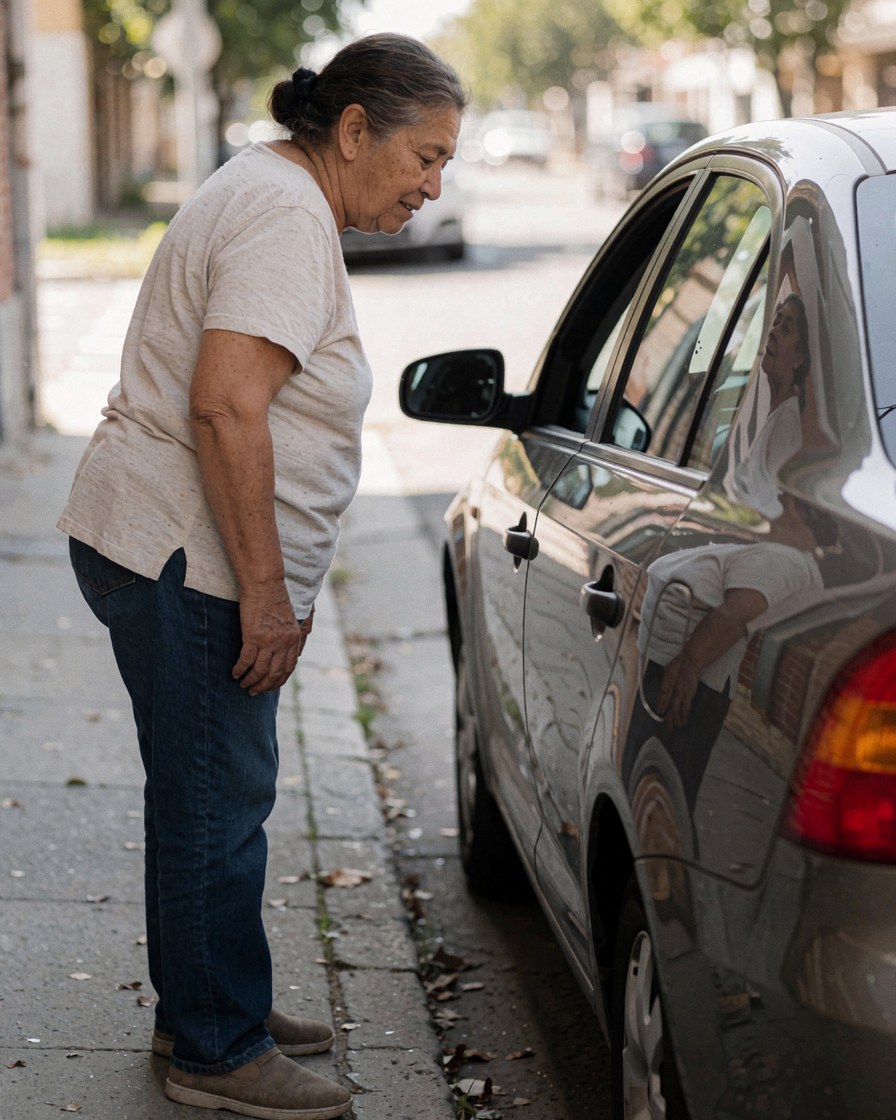 Une femme regarde avec satisfaction son véhicule stationné dans la rue, son reflet visible sur la vitre par temps ensoleillé.