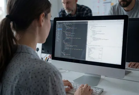 Une femme travaille sur un ordinateur affichant du code et un diagnostic système dans un bureau avec des collègues en arrière-plan.