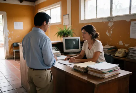 Une femme professionnelle aide un client dans une agence de voyages avec des documents et un ordinateur sur le bureau.