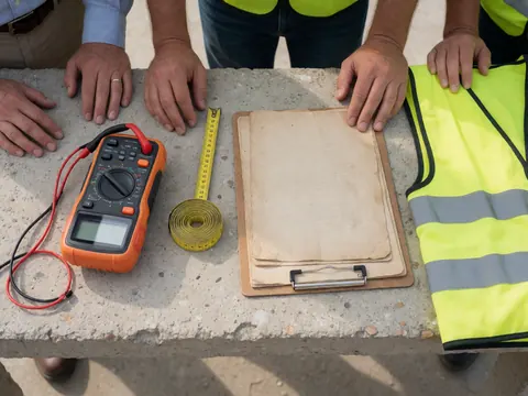Multimètre, mètre ruban et dossier posés sur un établi en béton, avec des mains de travailleurs et un gilet réfléchissant visibles.