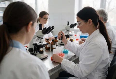 Une technicienne pipette des échantillons dans des tubes à essai, avec un microscope et des réactifs visibles sur le bureau du laboratoire.