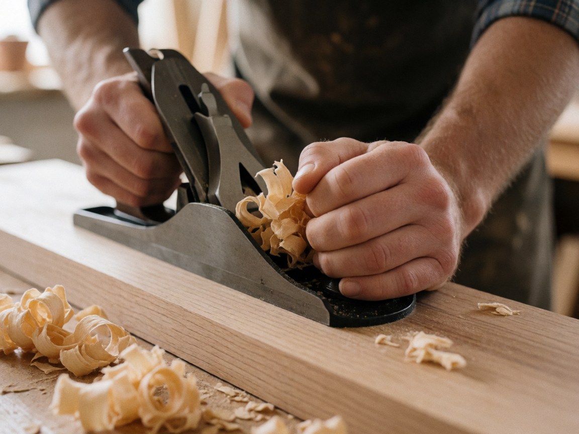 Mains de charpentier ponçant du bois avec un plan visible, copeaux sur l'établi, lumière naturelle du atelier, texture du bois et outil apparent.