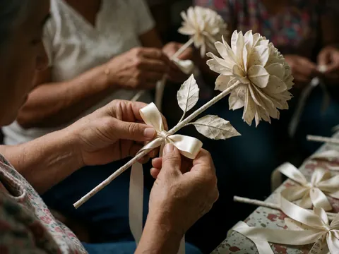 Des mains féminines nouent un nœud en satin sur une fleur artificielle dans un atelier de floristerie animé par d'autres artisans.