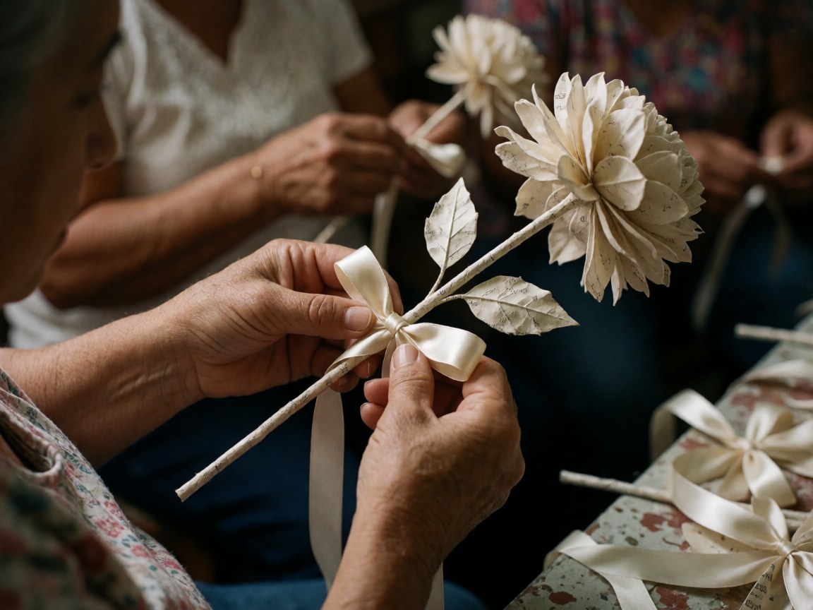 Des mains féminines nouent un nœud en satin sur une fleur artificielle dans un atelier de floristerie animé par d'autres artisans.