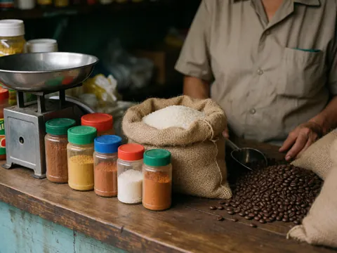 Comptoir d'épicerie avec sac de riz, café, épices et balance métallique sur du bois rustique.