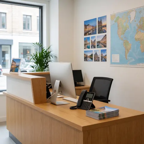 Intérieur moderne d'une agence de tourisme montrant un bureau en bois, un ordinateur, des documents imprimés, une carte murale et un végétal.