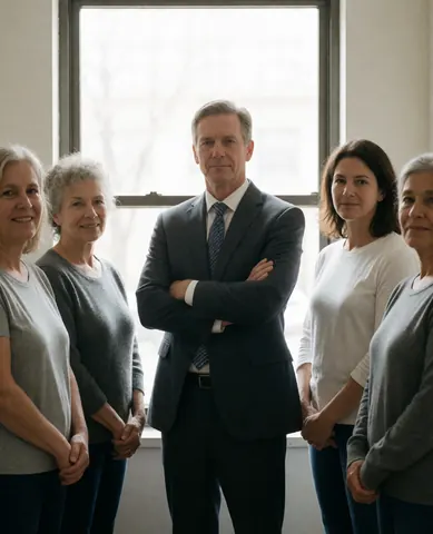 Membre d'équipe solaire en bureau, homme bras croisés, femmes diverses, fenêtre lumière naturelle.