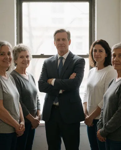 Membre d'équipe solaire en bureau, homme bras croisés, femmes diverses, fenêtre lumière naturelle.