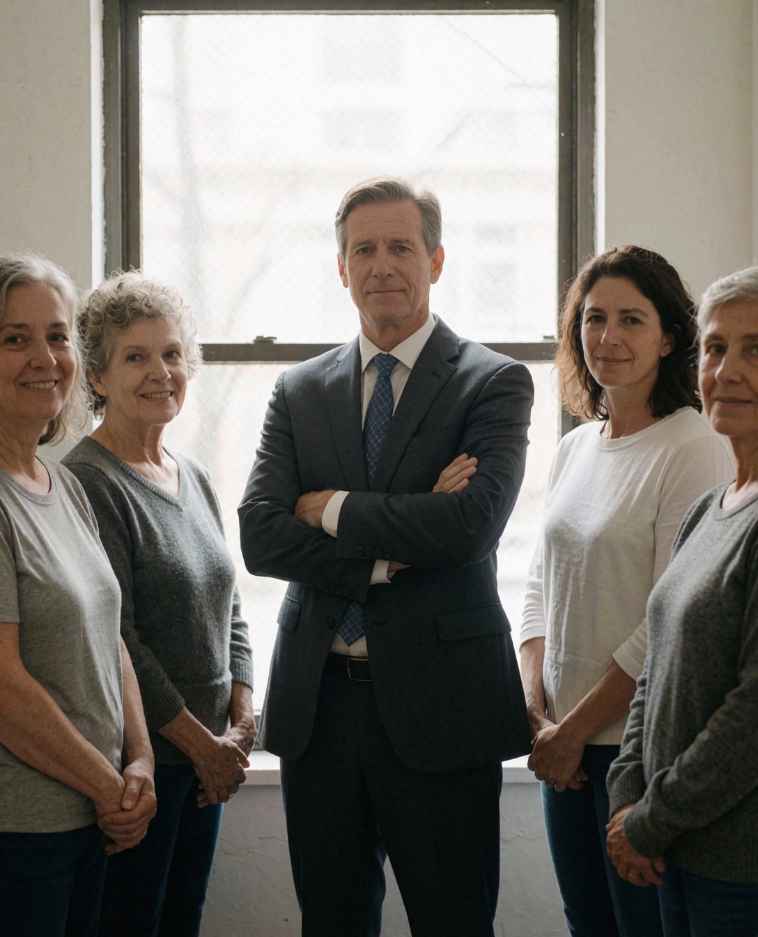 Membre d'équipe solaire en bureau, homme bras croisés, femmes diverses, fenêtre lumière naturelle.
