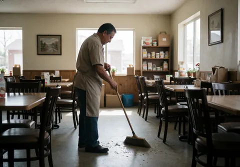 Un homme en uniforme effectue le nettoyage du sol d'un restaurant avec tables et chaises, éclairé par la lumière naturelle des fenêtres.