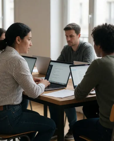 Trois personnes collaborent dans un bureau lumineux sur une table en bois avec des laptops ouverts.