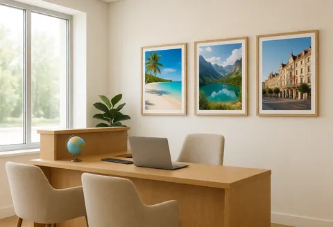 Intérieur d'une agence de voyages moderne avec bureau en bois, ordinateur portable, chaises et photos de destinations près d'une fenêtre.
