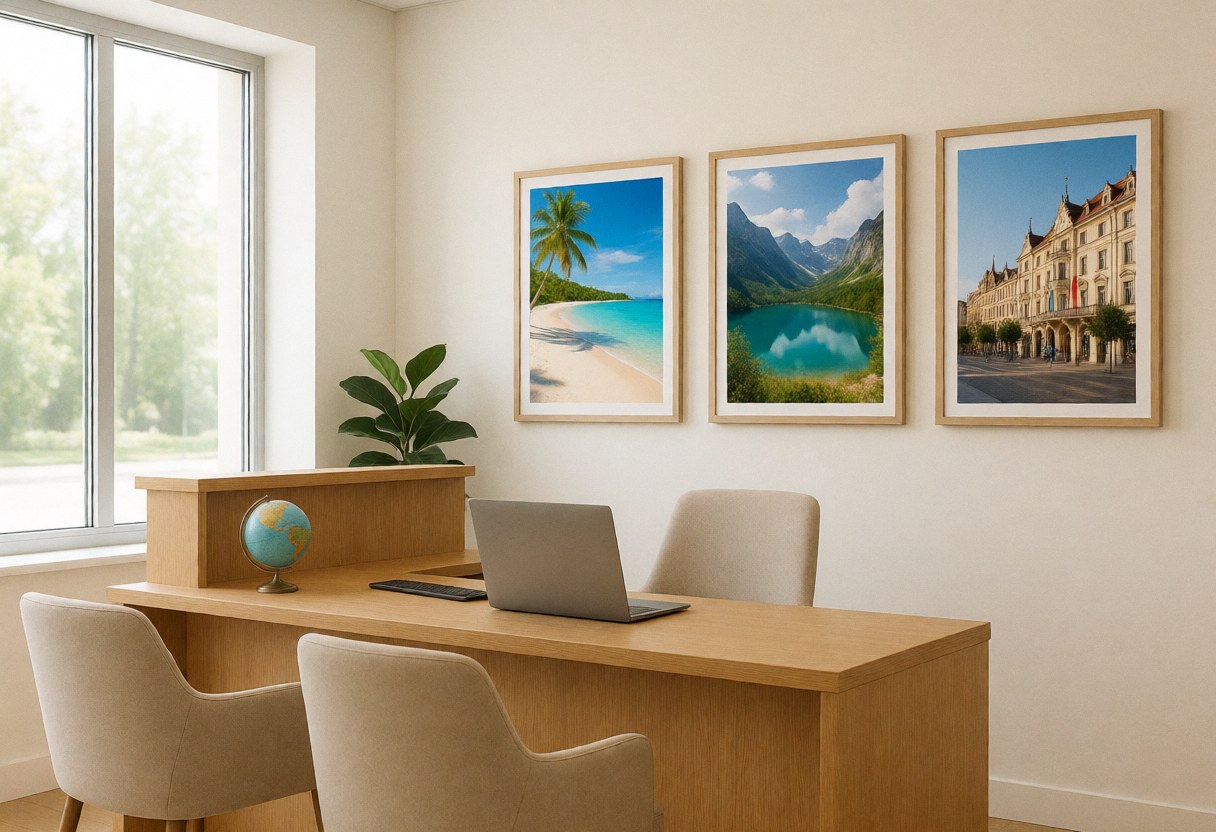 Intérieur d'une agence de voyages moderne avec bureau en bois, ordinateur portable, chaises et photos de destinations près d'une fenêtre.
