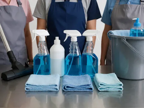 Bouteilles de produits d'entretien, serviettes et aspirateur disposés sur une table en acier inoxydable pour un usage professionnel.