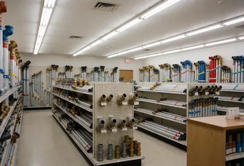 Intérieur d'un magasin de plomberie vide, étagères remplies de tuyaux et accessoires métalliques, éclairage fluorescent et sol propre.