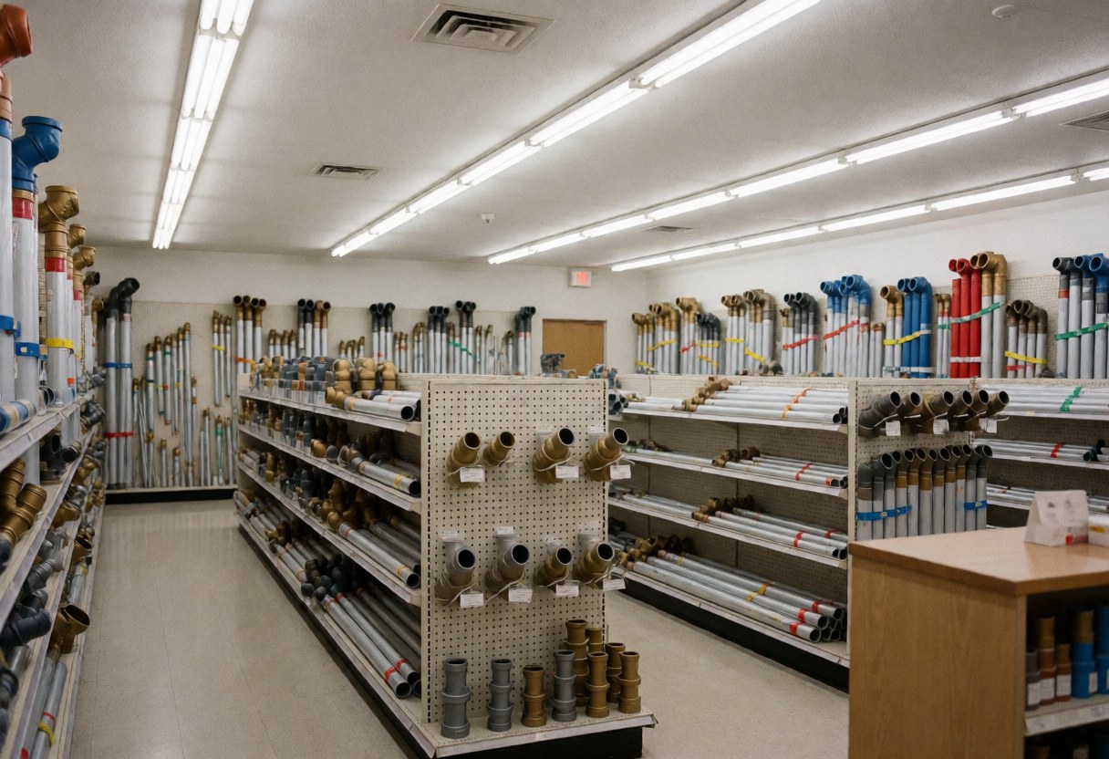 Intérieur d'un magasin de plomberie vide, étagères remplies de tuyaux et accessoires métalliques, éclairage fluorescent et sol propre.