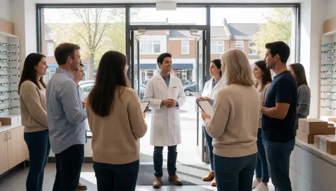Un optométriste en blouse blanche accueille plusieurs clients à l'entrée d'une boutique d'optique moderne, avec des lunettes exposées et de la lumière naturelle entrant par les fenêtres.
