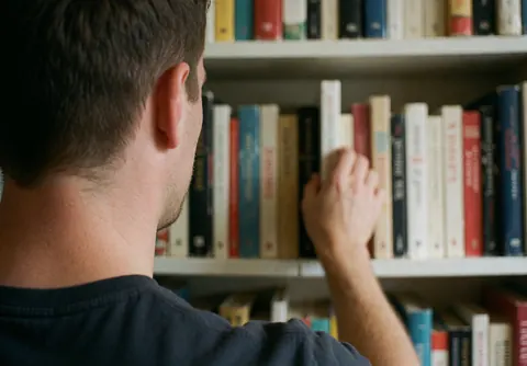 Un homme jeune sélectionne un livre sur une étagère dans une librairie avec des livres flous en arrière-plan.