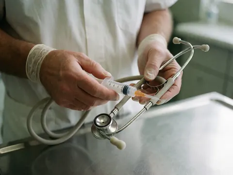 Gloves latex holding medical tools like a stethoscope and syringe on an examination table in a veterinary clinic setting.