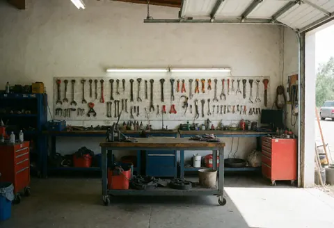 Intérieur d'un atelier de réparation rurale avec des outils suspendus, un établi et la lumière naturelle entrant par la porte du garage.