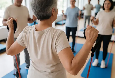 Vue arrière d'une femme senior réalisant des mouvements avec une bande de résistance lors d'un cours de fitness, dans un environnement de gymnase.