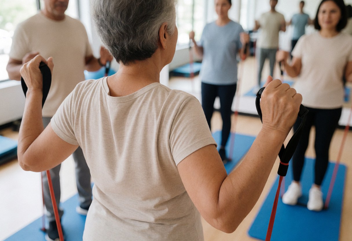 Vue arrière d'une femme senior réalisant des mouvements avec une bande de résistance lors d'un cours de fitness, dans un environnement de gymnase.