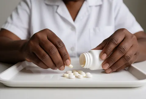 Une pharmacienne compte des pilules sur un plateau blanc, tenant une bouteille d'une main et prenant un comprimé de l'autre.