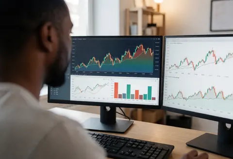 Un homme concentre son attention sur deux écrans affichant des données financières, illustrant le travail de conseil en entreprise.